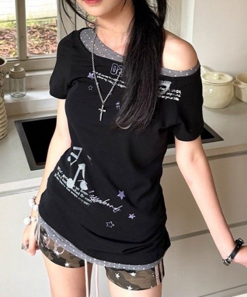 Vipoa(ヴィポア)の「レイヤーデザインY2Kカットソー(Tシャツ/カットソー・レディース・ブラック・FREE)」の12枚目の写真