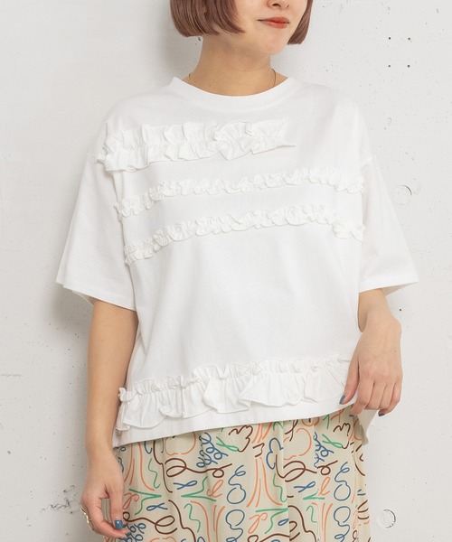 POU DOU DOU(プードゥドゥ)の「ランダムフリルボーダーTee(Tシャツ/カットソー・レディース・ブラック/ブルー/オフホワイト・3)」の1枚目の写真