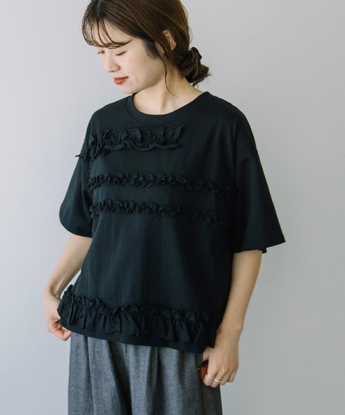 POU DOU DOU(プードゥドゥ)の「ランダムフリルボーダーTee(Tシャツ/カットソー・レディース・ブラック/ブルー/オフホワイト・3)」の2枚目の写真