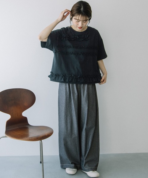 POU DOU DOU(プードゥドゥ)の「ランダムフリルボーダーTee(Tシャツ/カットソー・レディース・ブラック/ブルー/オフホワイト・3)」の14枚目の写真