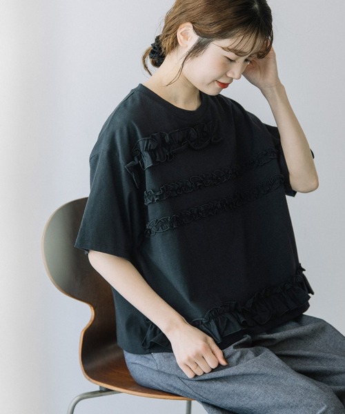 POU DOU DOU(プードゥドゥ)の「ランダムフリルボーダーTee(Tシャツ/カットソー・レディース・ブラック/ブルー/オフホワイト・3)」の19枚目の写真