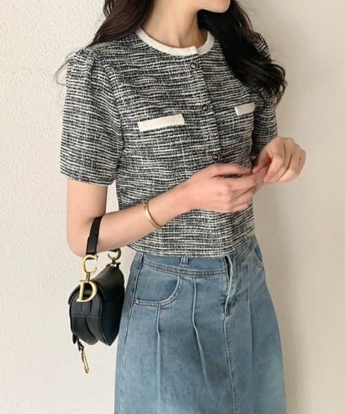 yuue' ( wear )(ユーイ)の「オフィス、プライベート、オケージョンにも◎パイピングノーカラーツイード半袖ショートジャケット(ノーカラージャケット・レディース・ブラック/ホワイト・FREE)」の10枚目の写真