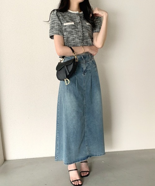 yuue' ( wear )(ユーイ)の「オフィス、プライベート、オケージョンにも◎パイピングノーカラーツイード半袖ショートジャケット(ノーカラージャケット・レディース・ブラック/ホワイト・FREE)」の6枚目の写真