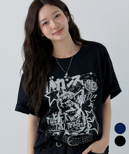 NTBC(エヌティービーシー)の「ギャラクシーキャットオーバーサイズ半袖Tシャツ_2COLOR(Tシャツ/カットソー・レディース・ネイビー/ブラック・MEDIUM/LARGE/X-LARGE)」の4枚目の写真