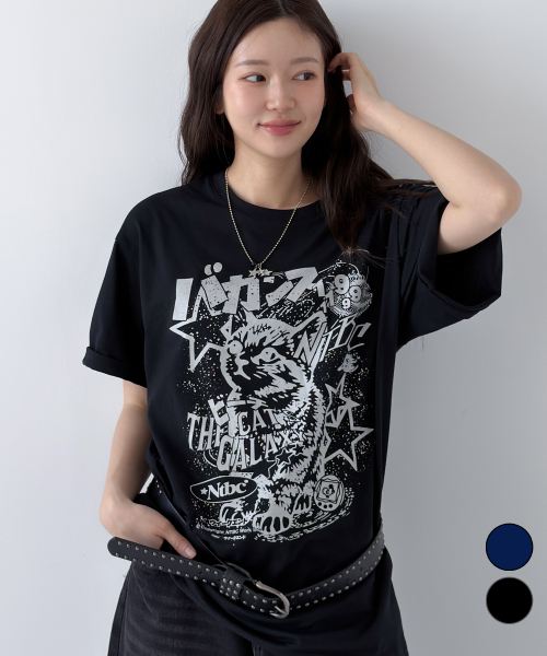 NTBC(エヌティービーシー)の「ギャラクシーキャットオーバーサイズ半袖Tシャツ_2COLOR(Tシャツ/カットソー・レディース・ネイビー/ブラック・MEDIUM/LARGE/X-LARGE)」の5枚目の写真