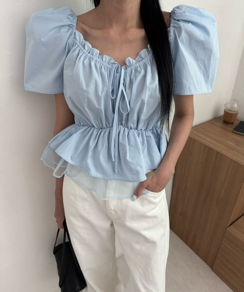 Aelina(エリナ)の「リボンパフスリーブトップス(Tシャツ/カットソー・レディース・ホワイト/ブラック/オレンジ/ブルー・FREE)」の4枚目の写真