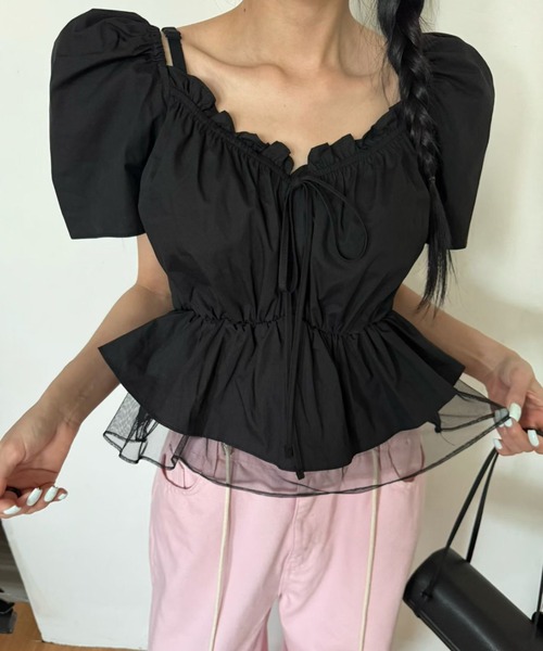 Aelina(エリナ)の「リボンパフスリーブトップス(Tシャツ/カットソー・レディース・ホワイト/ブラック/オレンジ/ブルー・FREE)」の3枚目の写真