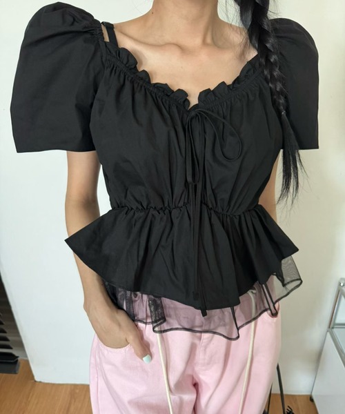 Aelina(エリナ)の「リボンパフスリーブトップス(Tシャツ/カットソー・レディース・ホワイト/ブラック/オレンジ/ブルー・FREE)」の6枚目の写真