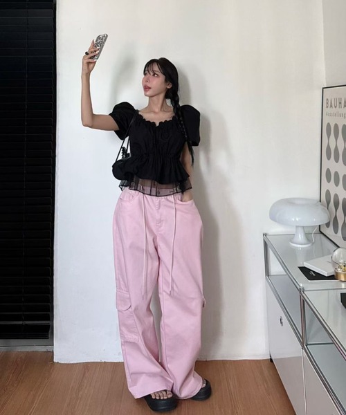 Aelina(エリナ)の「リボンパフスリーブトップス(Tシャツ/カットソー・レディース・ホワイト/ブラック/オレンジ/ブルー・FREE)」の5枚目の写真