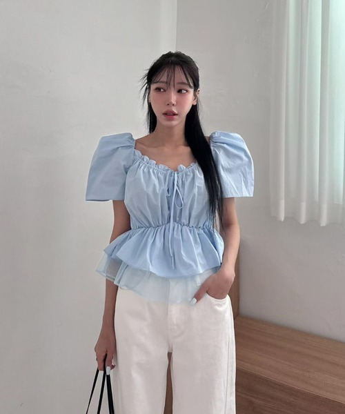 Aelina(エリナ)の「リボンパフスリーブトップス(Tシャツ/カットソー・レディース・ホワイト/ブラック/オレンジ/ブルー・FREE)」の13枚目の写真