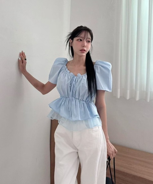 Aelina(エリナ)の「リボンパフスリーブトップス(Tシャツ/カットソー・レディース・ホワイト/ブラック/オレンジ/ブルー・FREE)」の12枚目の写真