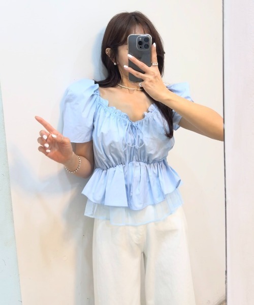 Aelina(エリナ)の「リボンパフスリーブトップス(Tシャツ/カットソー・レディース・ホワイト/ブラック/オレンジ/ブルー・FREE)」の14枚目の写真