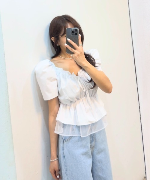 Aelina(エリナ)の「リボンパフスリーブトップス(Tシャツ/カットソー・レディース・ホワイト/ブラック/オレンジ/ブルー・FREE)」の9枚目の写真
