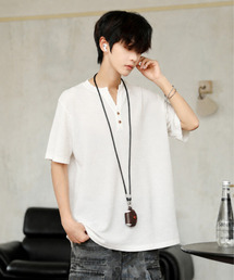 neos | 【neos】ワッフル ヘンリーネック Tシャツ メンズ レディース 半袖 ビッグシルエット オーバーサイズ サーマル カットソー 無地 ユニセックス 韓国ファッション 夏服(Tシャツ/カットソー)