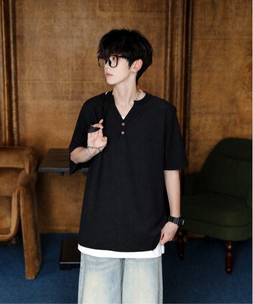 neos（ネオス）の「【neos】ワッフル ヘンリーネック Tシャツ メンズ レディース 半袖 ビッグシルエット オーバーサイズ サーマル カットソー 無地 ユニセックス 韓国ファッション 夏服（Tシャツ/カットソー・メンズ・ブラック/ベージュ/ホワイト/カーキ・MEDIUM/X-LARGE/LARGE）」の10枚目の写真