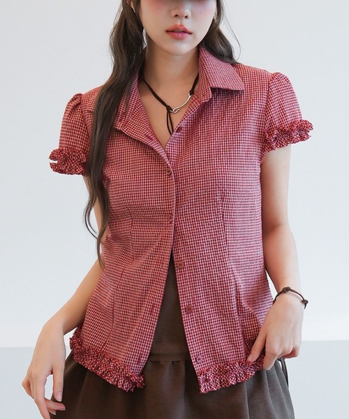 Gingham check фрилл‑рубашка блузка, полукороткий рукав, пышный рукав, редкий стиль