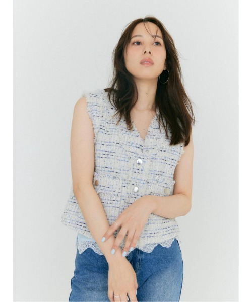 BLUE×PALANG(ブルーパラン)の「AIRY TWEED SLEEVELESS JACKET(ニット/セーター・レディース・ホワイト/グレー・FREE)」の6枚目の写真