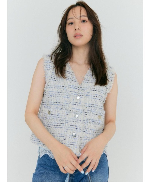 BLUE×PALANG(ブルーパラン)の「AIRY TWEED SLEEVELESS JACKET(ニット/セーター・レディース・ホワイト/グレー・FREE)」の13枚目の写真