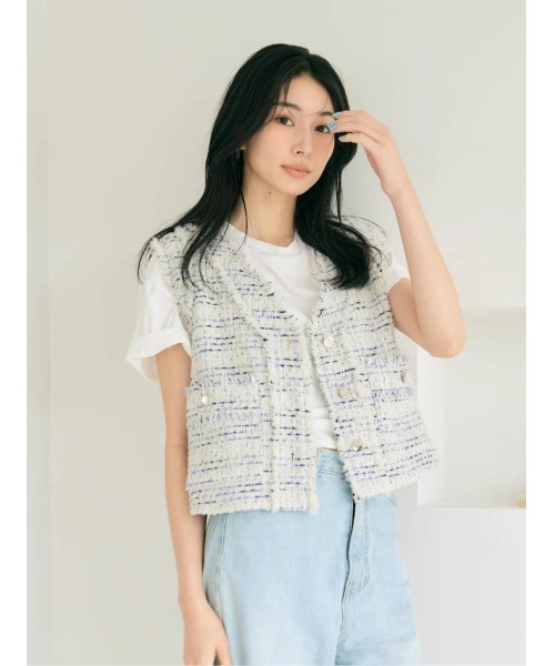 BLUE×PALANG(ブルーパラン)の「AIRY TWEED SLEEVELESS JACKET(ニット/セーター・レディース・ホワイト/グレー・FREE)」の14枚目の写真