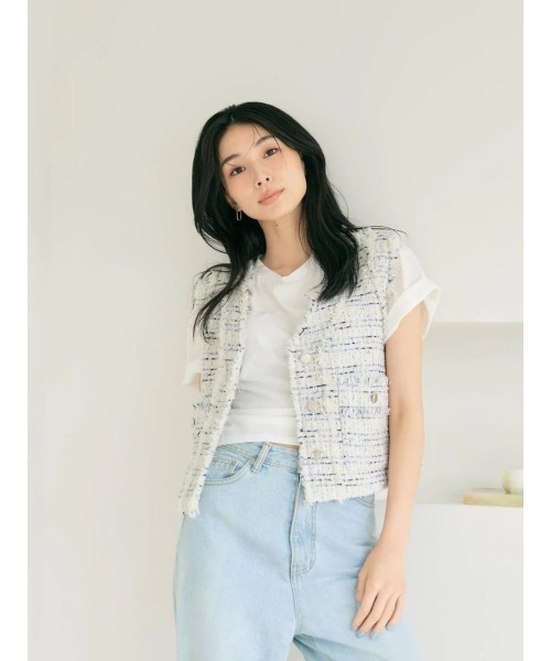 BLUE×PALANG(ブルーパラン)の「AIRY TWEED SLEEVELESS JACKET(ニット/セーター・レディース・ホワイト/グレー・FREE)」の15枚目の写真