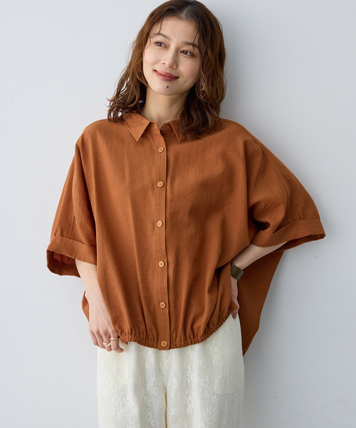 anyfee(エニフィー)の「【anyfee/大きいサイズ】裾ゴム入りイレヘムシャツブルゾン(シャツ/ブラウス・レディース・ベージュ/レンガ/チャコール・LL/4L/5L/3L)」の3枚目の写真