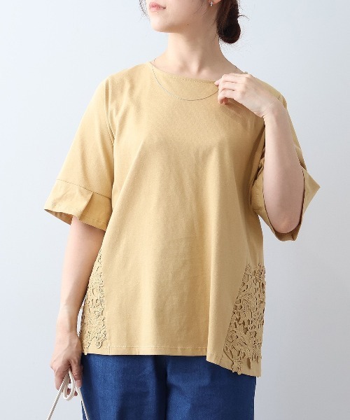 MB mint breeze(エムビーミントブリーズ)の「【L~6L 大きいサイズ】切替えサイドレースカットソー(Tシャツ/カットソー・レディース・ブラック/オフホワイト/キャメル・6L/5L/4L/3L/LL)」の3枚目の写真