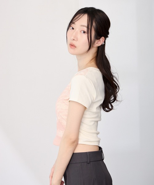 Y/lim(イリム)の「デジタルマーブル柄コンパクト半袖Tシャツ(Tシャツ/カットソー・レディース・ピンク/グリーン・FREE)」の6枚目の写真