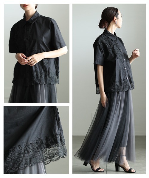 Sawa a la mode(サワアラモード)の「花モチーフレースアシンメトリーブラウス(シャツ/ブラウス・レディース・ブルー/ブラック・FREE)」の20枚目の写真