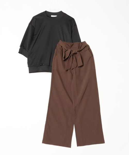 gossip!ロサンゼルス(ゴシップロサンゼルス)の「きゅんとする落ち着き配色!ハイネック5分袖トップス+ウエストリボンワイドパンツセットアップ(セットアップ・レディース・ブラウン・S/M/L)」の9枚目の写真