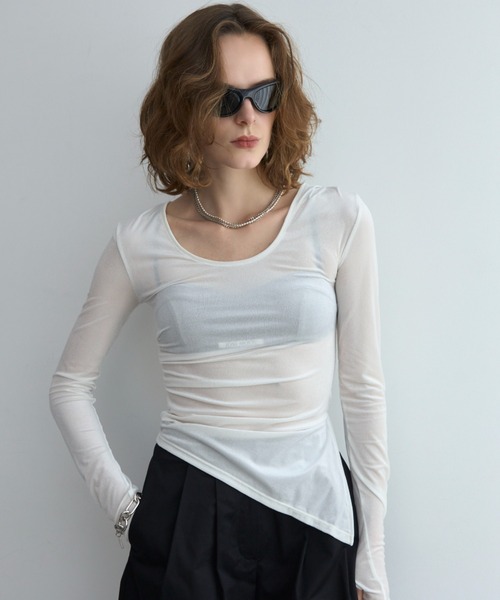 JOSE MOON(ジョゼムーン)の「SHEER VELOUR 2WAY TOPS/シアーベロア2WAYトップス(Tシャツ/カットソー・レディース・ブラック/ホワイト/バーガンディー/グリーン系その他/ピンク・FREE)」の1枚目の写真