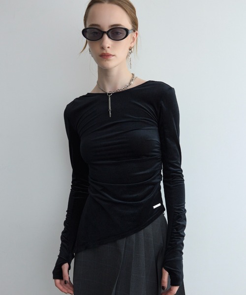 JOSE MOON(ジョゼムーン)の「SHEER VELOUR 2WAY TOPS/シアーベロア2WAYトップス(Tシャツ/カットソー・レディース・ブラック/ホワイト/バーガンディー/グリーン系その他/ピンク・FREE)」の6枚目の写真