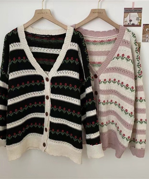 CHEER(チアー)の「【チューリップ柄×透かし編み】レトロフレンチ ニットカーディガン / 2WAY Vネックセーター(カーディガン/ボレロ・レディース・ピンク/ブラック・FREE)」の16枚目の写真