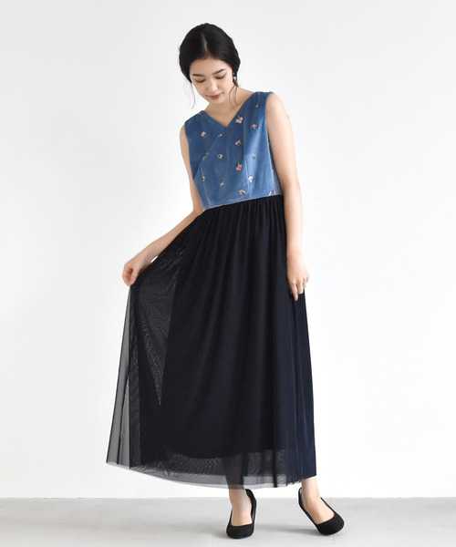 kaene（カエン）の「ベロア刺繍×チュールロングワンピース