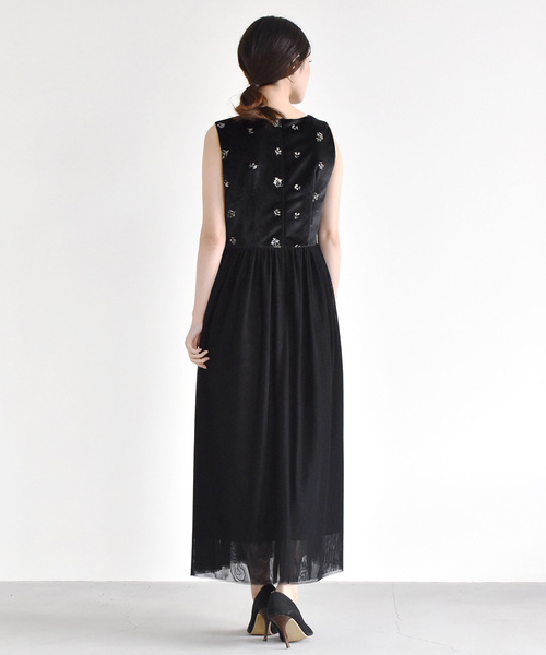 【美品】kaene カエン ワンピース ベロア チュール 黒 ロング丈 ドレス 美品】kaene カエン ワンピース ベロア チュール 黒 ロング丈
