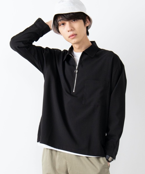 WEGO（ウィゴー）の「WEGO/TRハーフジップシャツ（シャツ/ブラウス・メンズ・ブラック/ベージュ・LARGE/MEDIUM）」の2枚目の写真