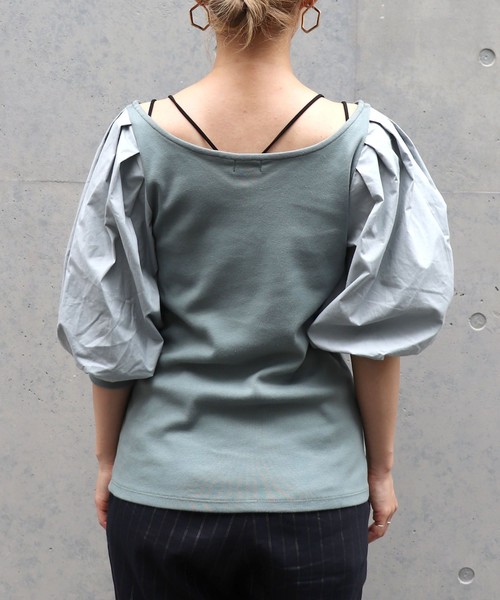 NINE（ナイン）の「バルーンスリーブコンビプルオーバー（Tシャツ/カットソー・レディース・オフホワイト/グリーン・FREE）」の5枚目の写真