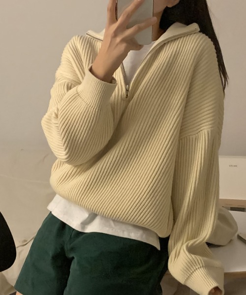 Girly Doll（ガーリードール）の「ハーフジップアップニットトップス（ニット/セーター・レディース・ベージュ/ネイビー/ピンク/ブルー・FREE）」の21枚目の写真