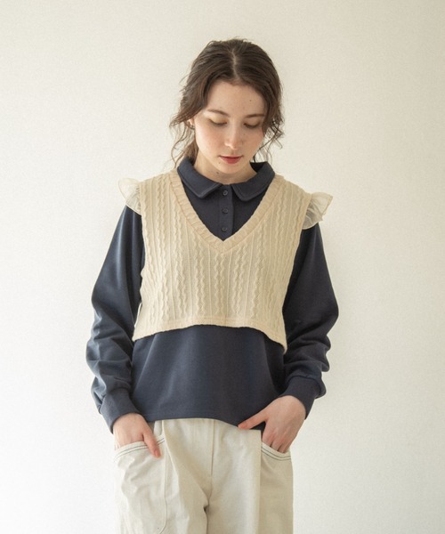 【新品】idem ニットベストドッキングポロシャツ　アイボリー idem（イデム）の「knit frill docking polo shirt/ニットベスト