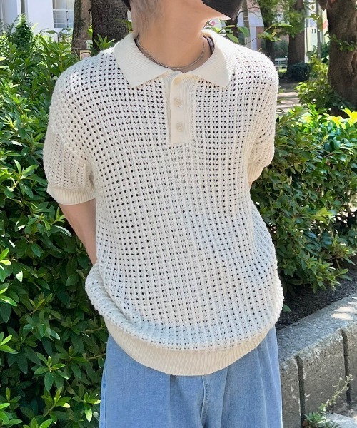 【Chikashitsu +/チカシツプラス】net summer polo/サマーニット ニットポロシャツ 半袖トップス 半袖ポロシャツ