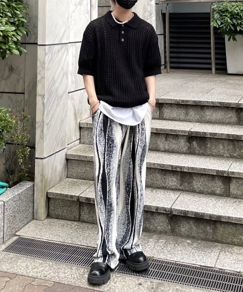 【Chikashitsu +/チカシツプラス】net summer polo/サマーニット ニットポロシャツ 半袖トップス 半袖ポロシャツ