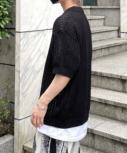 【Chikashitsu +/チカシツプラス】net summer polo/サマーニット ニットポロシャツ 半袖トップス 半袖ポロシャツ