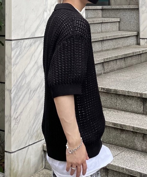 【Chikashitsu +/チカシツプラス】net summer polo/サマーニット ニットポロシャツ 半袖トップス 半袖ポロシャツ