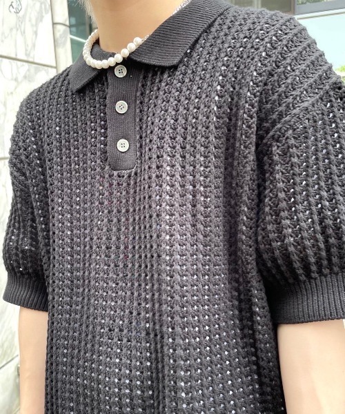 【Chikashitsu +/チカシツプラス】net summer polo/サマーニット ニットポロシャツ 半袖トップス 半袖ポロシャツ