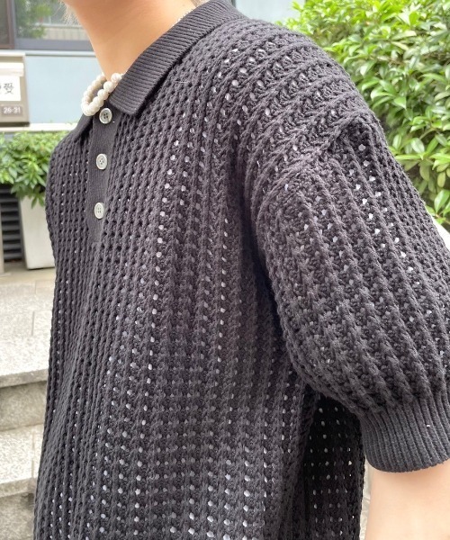 【Chikashitsu +/チカシツプラス】net summer polo/サマーニット ニットポロシャツ 半袖トップス 半袖ポロシャツ