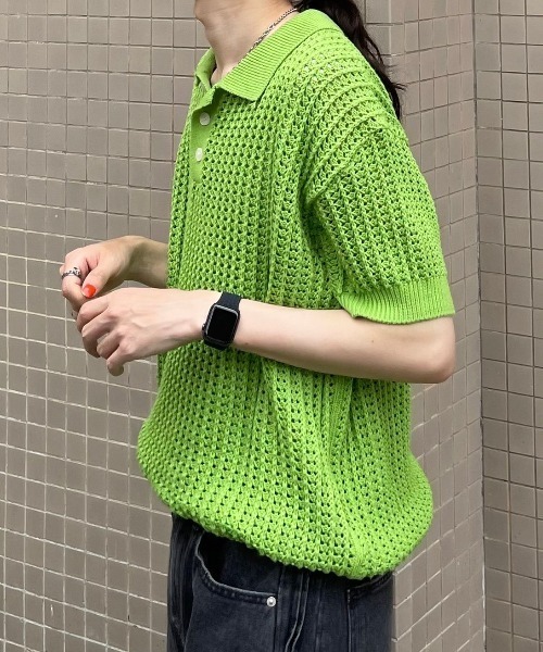 【Chikashitsu +/チカシツプラス】net summer polo/サマーニット ニットポロシャツ 半袖トップス 半袖ポロシャツ