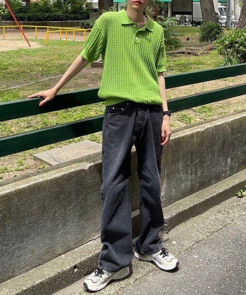 【Chikashitsu +/チカシツプラス】net summer polo/サマーニット ニットポロシャツ 半袖トップス 半袖ポロシャツ