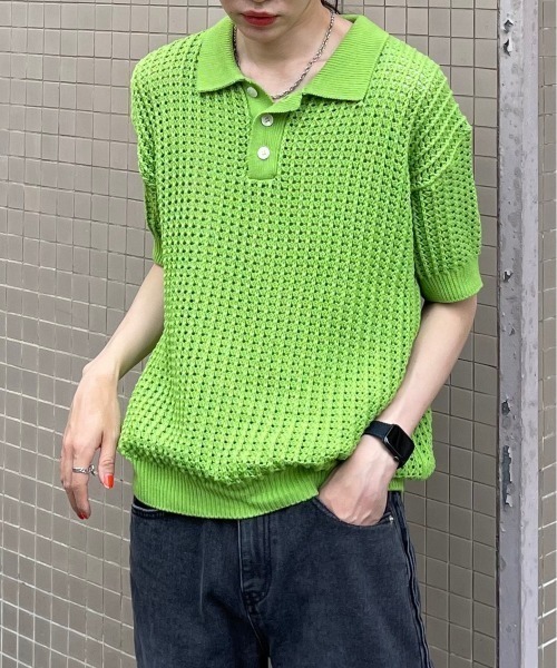 【Chikashitsu +/チカシツプラス】net summer polo/サマーニット ニットポロシャツ 半袖トップス 半袖ポロシャツ