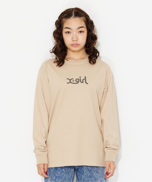 X-girl（エックスガール）の「WASHED FACE LOGO L/S TEE（Tシャツ/カットソー・レディース・ベージュ/ホワイト/チャコール・L/S/XL/M）」の5枚目の写真