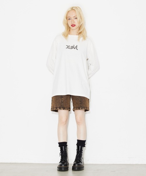 X-girl（エックスガール）の「WASHED FACE LOGO L/S TEE（Tシャツ/カットソー・レディース・ベージュ/ホワイト/チャコール・L/S/XL/M）」の21枚目の写真