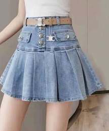 裾プリーツ釦デニムミニスカート